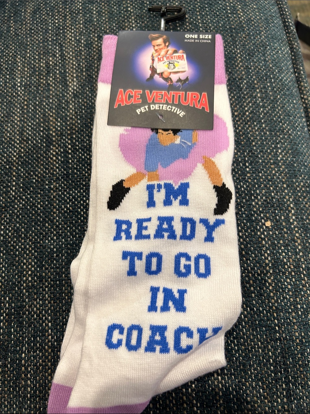 Ace Ventura Men's White & Purple Novelty Socks - "I'm Ready To Go In Coach"
